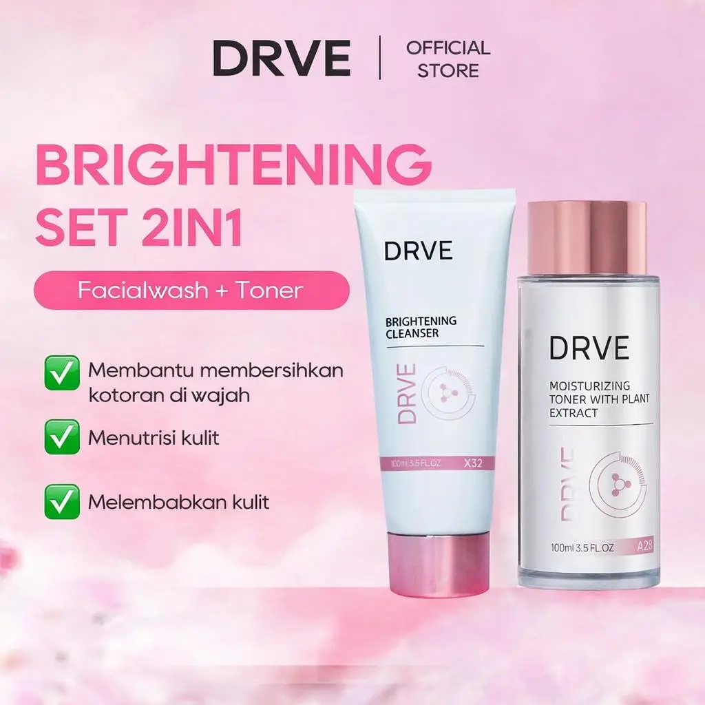 Drve Brightening Set Bundle 2 (Brightening Cleanser+ Moisturizing Toner With Plant Extract) mengandung Niacinamide untuk Membantu  mencerahkan Menyegarkan dan Melembabkan Kulit