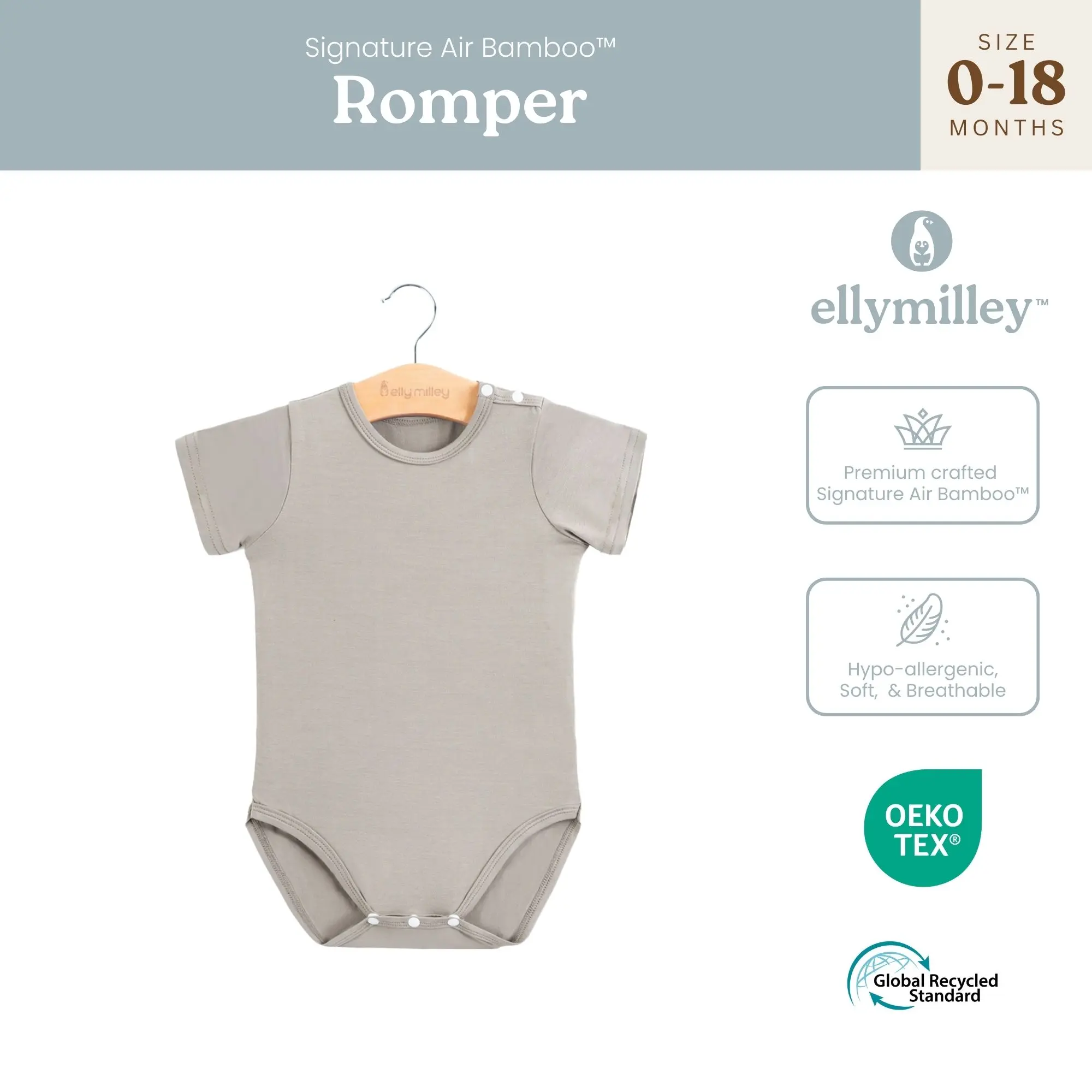 Elly Milley Signature Air Bamboo Baby Romper, Onsie, Breathable and Anti-bacterial, For Eczema-prone skin