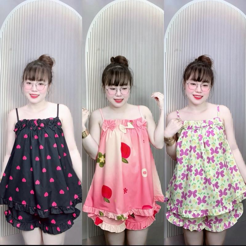   40-80kg CÓ TÚI  ĐỒ NGỦ 2 DÂY LỤA 100D ĐÍNH 3 NƠ ÁO QUẦN BÈO NHIỀU HOẠ TIẾT 