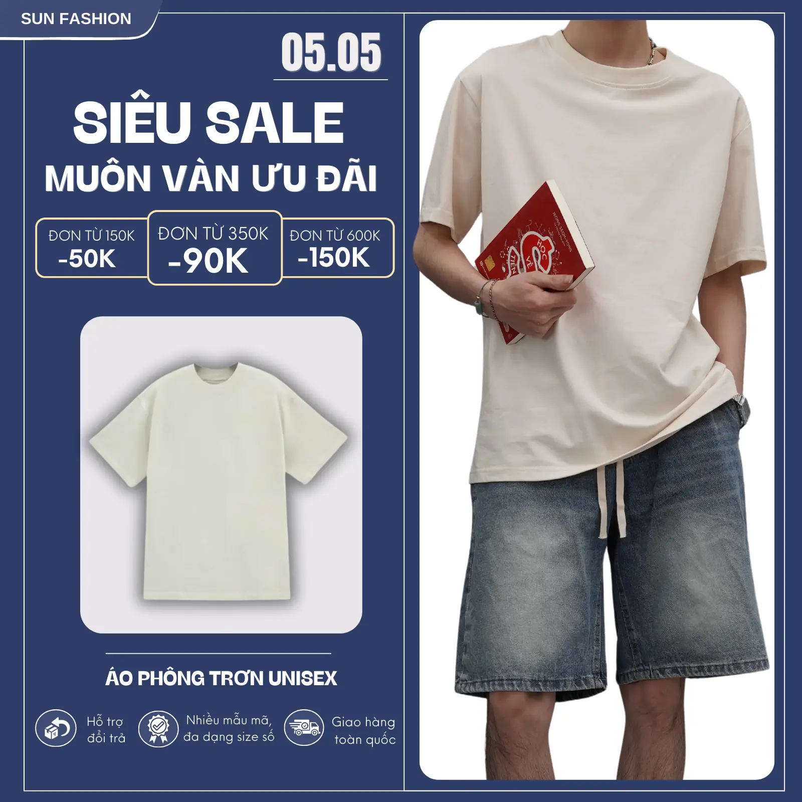 Áo phông trơn Cotton basic nam nữ SUN Màu Be Mẫu đơn giản, trẻ trung Menswear Cổ Tròn