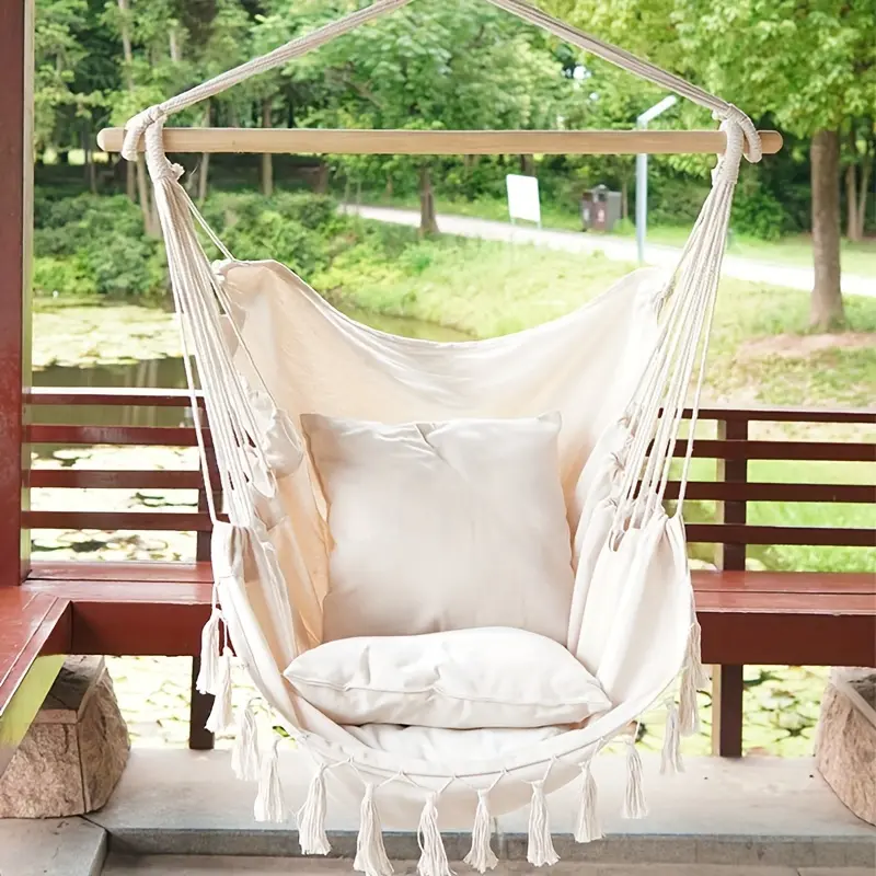 1pcs Christmas gift Beige/Dark grey stick fringe Craft Outdoor Garden Lounge Chair Hammock swing chair with 2 pillows, Christmas outdoor decoration. Patio furniture, outdoor furniture Bohemian style