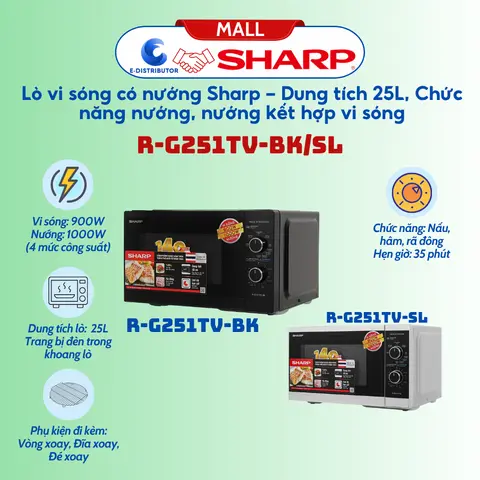 Lò vi sóng Sharp R-G251TV 25 lít có nướng, 900W, 1000W, 4 mức công suất, hẹn giờ 35 phút - Kitchenware