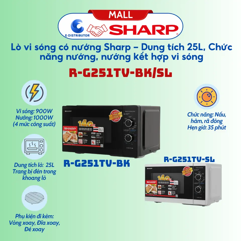 Lò vi sóng Sharp R-G251TV 25 lít có nướng, 900W, 1000W, 4 mức công suất, hẹn giờ 35 phút - Kitchenware
