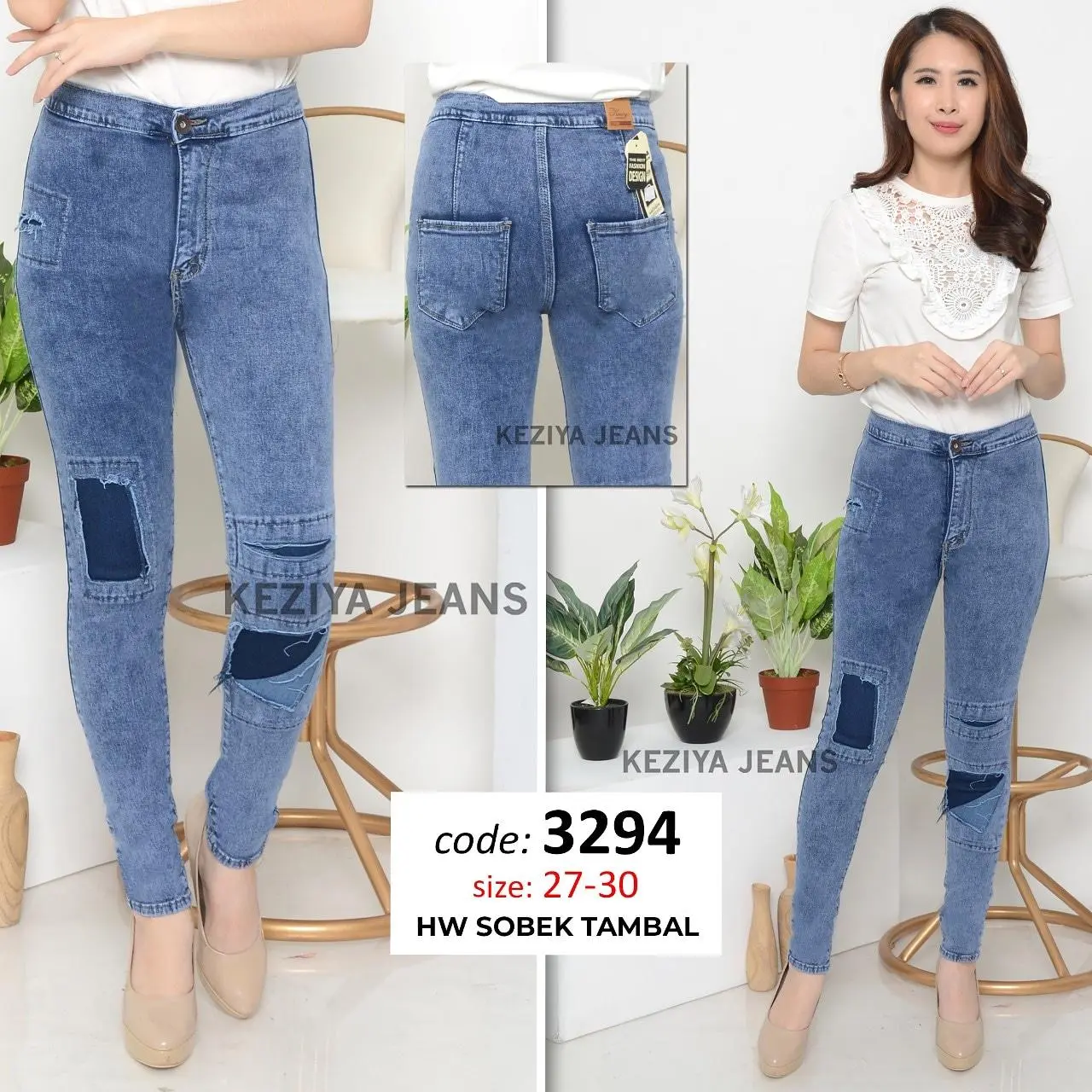 Celana Jeans Sobek Tambal Panjang Wanita Terbaru - Jeans Bolong import Denim Nyaman Skinny