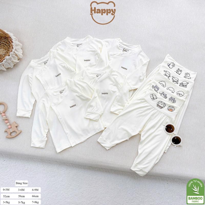 Bộ Dài Sơ Sinh Màu Kem- Quần Cạp Cao có Đáp Đũng Cho Bé 0-9 Tháng Tuổi- chất liệu Petit Bamboo mềm mại #69