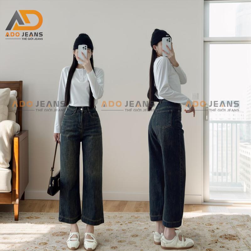 ADO JEANS - quần jean cao cấp ống suông rộng nấm lùn 90cm chất vải jean QC cao cấp. DJ90-CC01
