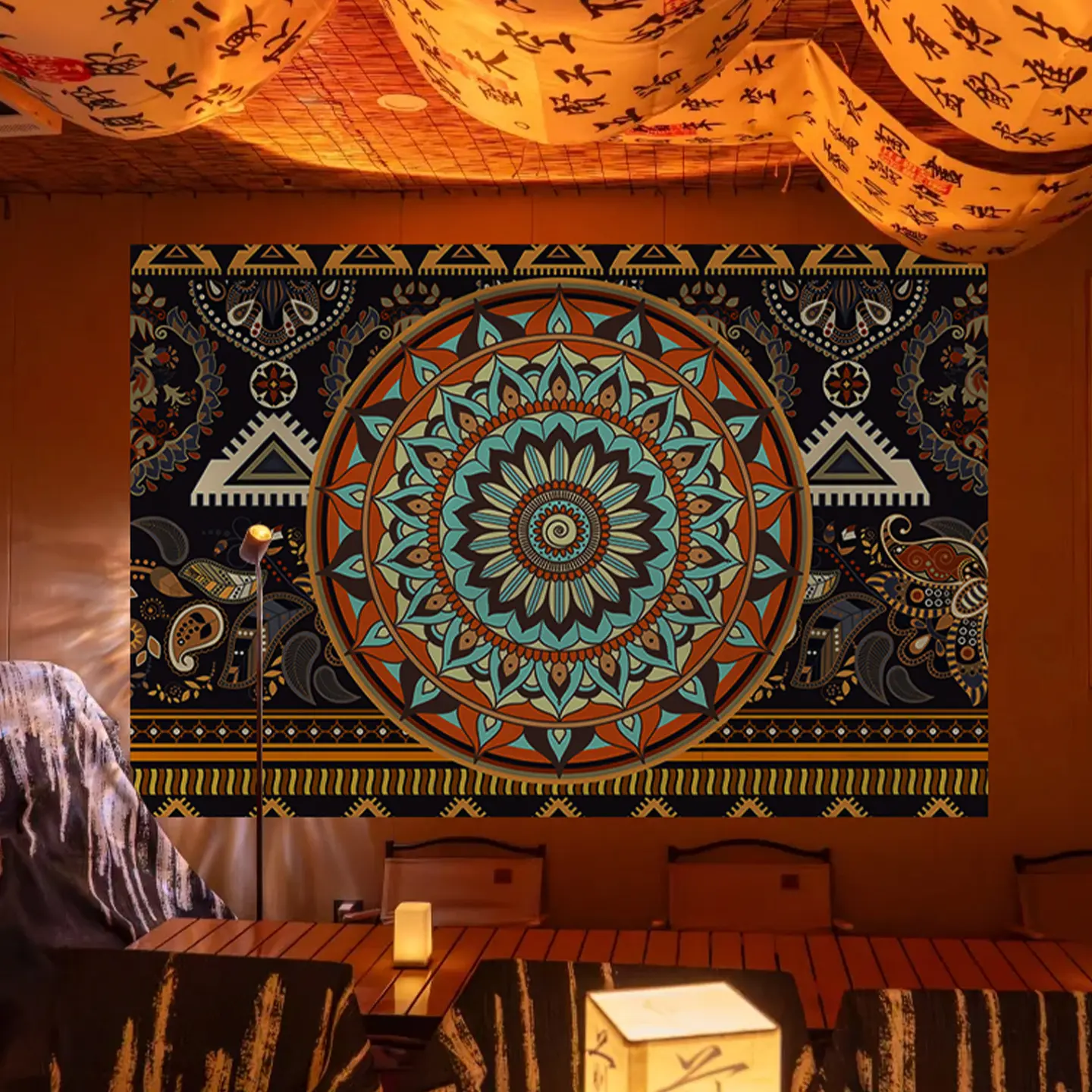 Kain latar dinding bar musik rakyat, lukisan gantung gaya etnik Bohemian, kain dekorasi bar mandala.