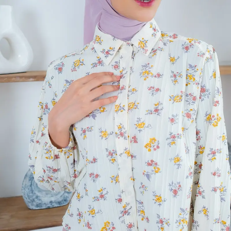 Atasan Fashion Korea Style Lengan Panjang Blus Wanita Musim Panas Casual Blouse Motif Bunga Bahan import 8