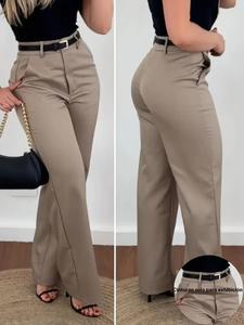 Elegante Pantalón de Pierna Recta para Mujer de Color Sólido, Ropa de Trabajo para el Commuter con Bolsillos Inclinados, Sin Cinturón en la Cintura, Corte Cómodo