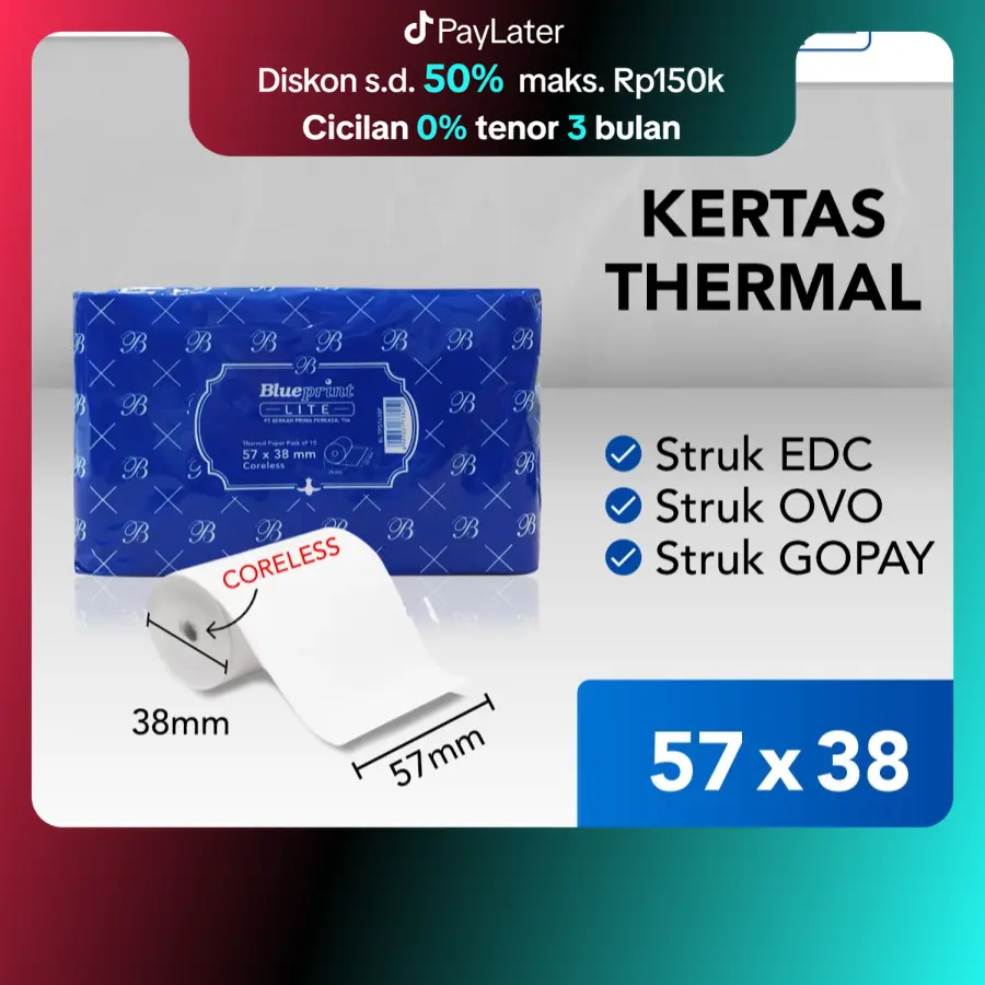 Kertas Thermal Kasir Struk EDC BLUEPRINT Lite 57x38 , 57 X 38 - 1 Roll