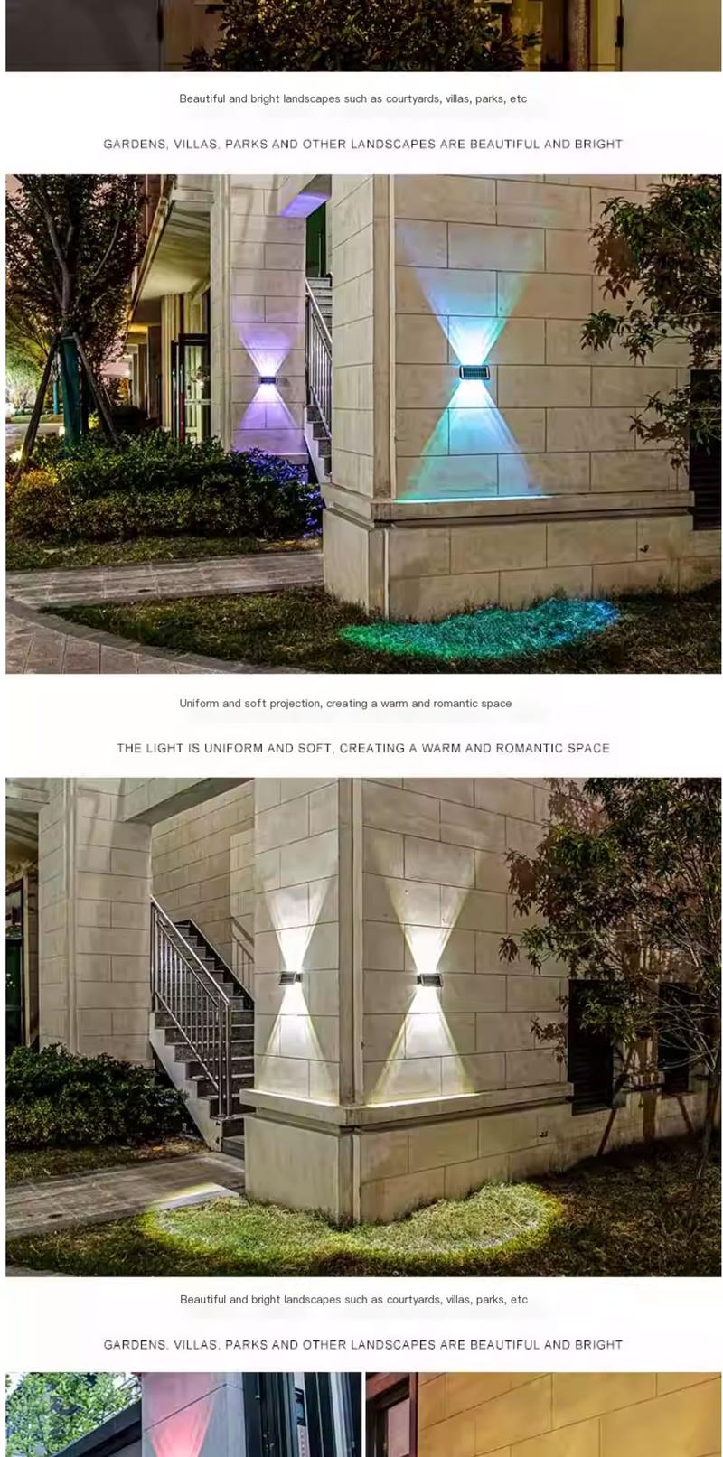Product Introduction of Solar outdoor lights, household courtyard wall lights, waterproof wall washing lights, villa spotlights, double headed high brightness wall lights, up and down 8