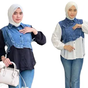 Setelan wanita terbaru atasan Kemeja Crop Putih + Jeans Cutbray + Tas Wanita + Jam Tangan KS0022 Celana Baju Panjang Dewasa Katun Casual Hitam Cewek