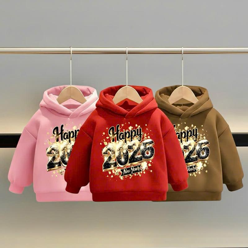 Áo nỉ hoodie bé trai bé gái in hình HAPPY 2026 TẾT mũ 2 lớp chất nỉ bông mềm mịn cho bé 6-30kg màu đỏ hồng nâu