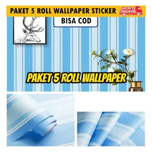 Paket 5 Roll Wallpaper Sticker Dinding Motif Salur Biru Uk 45cm x 4m Bahan PVC Pintu