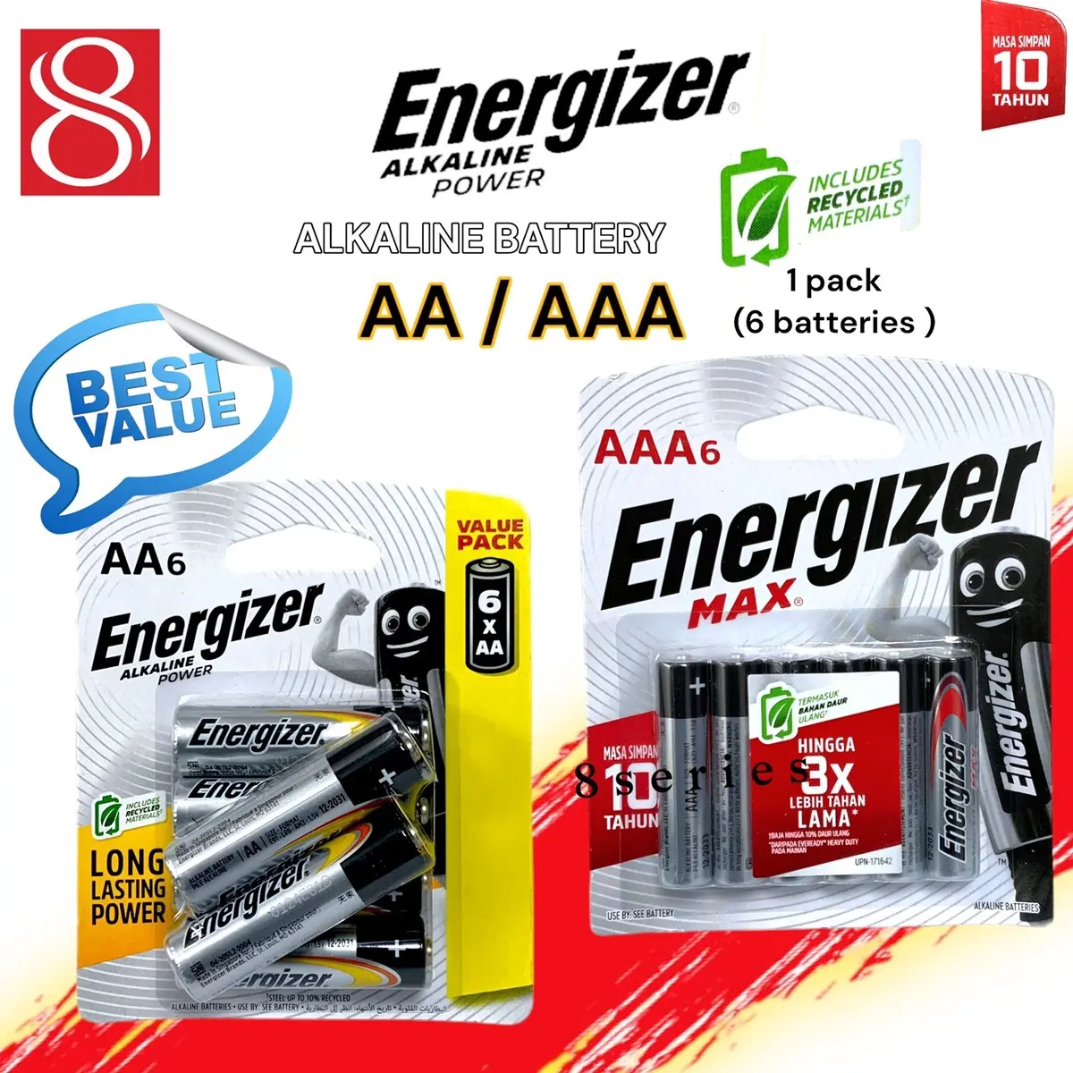 ￼(SG SELLER) Energizer alkaline battery 1.5V  AA (LR6 ) and AAA (LR03) 1.5V battery (6pcs/Pack)