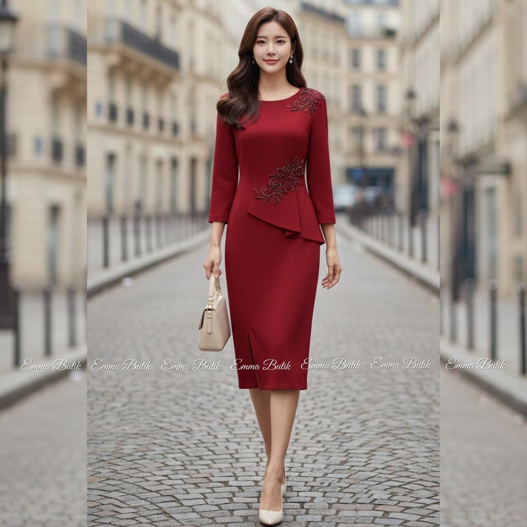 Emma.Butik E00655 Dress Merah Paskah Gaun Midi Wanita Formal Mewah Kondangan Pesta Gereja Maroon Crew Neck Formal Lengan Panjang