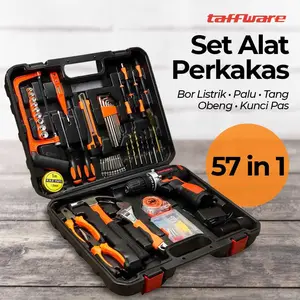 Taffware Alat Set Bor Listrik Palu Tang Obeng Kunci Inggris 57 in 1 dan berbagai mata bor - Praktis dan Multifungsi