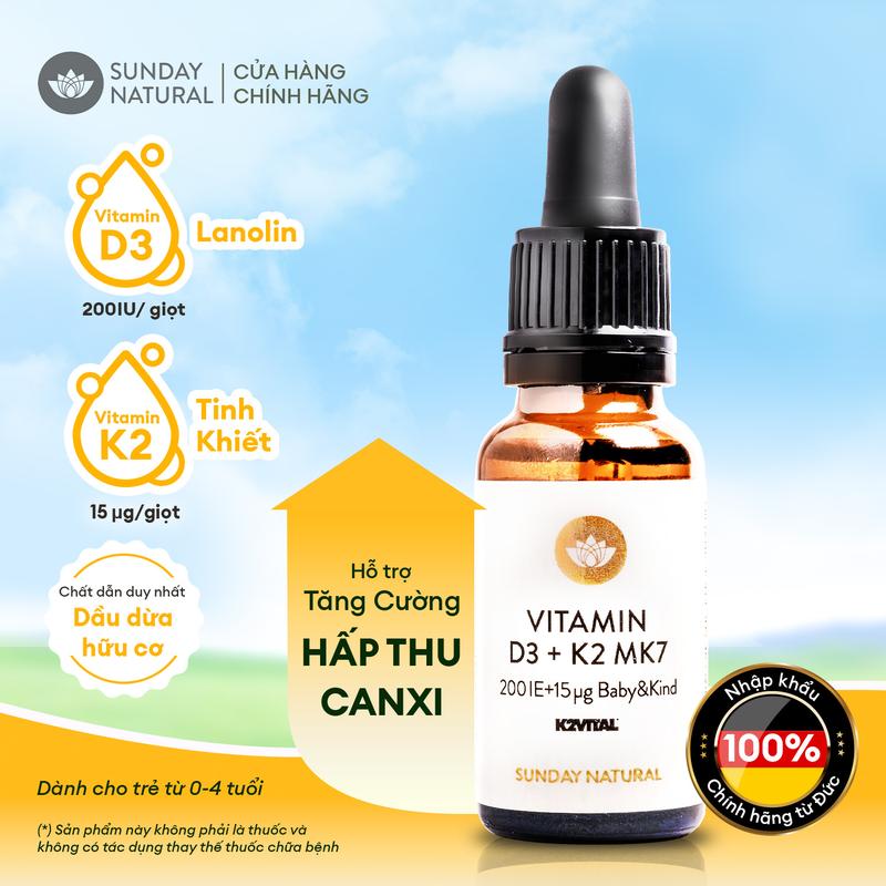 Vitamin D3K2 Sunday Natural tăng hấp thu canxi cho bé dưới 5 tuổi, D3 từ Lanolin tự nhiên