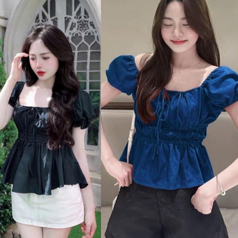 Áo Babydoll cổ vuông chiết eo tay phồng Bigsize 45-85kg ESHOP Áo Lệch Vai Vải Lụa Mềm Mại Xinh Xắn Đẹp Dễ Thương MS448 Top Women