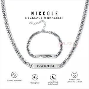 Niccole 1 set Necklace Bracelet - Kalung Dan Gelang Titanium Rantai Lipan Custom Nama Silver Anti Karat Tidak Pudar Hadiah Perhiasan Couple Pria tulisan Black