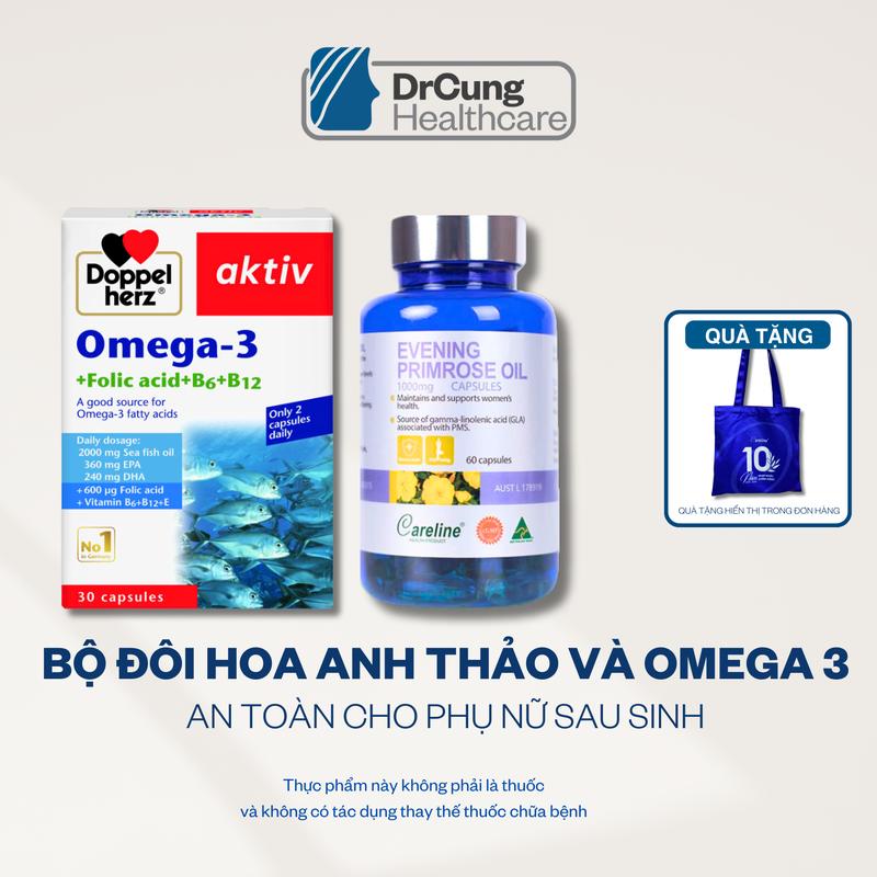 TPBVSK COMBO CARELINE TINH DẦU HOA ANH THẢO LỌ 60 VIÊN VÀ OMEGA-3 DOPPELHERZ LỌ 30 VIÊN Hỗ trợ chăm sóc sức khỏe phụ nữ trên 18 tuổi MUA COMBO TẶNG 1 TÚI CANVAS CARELINE