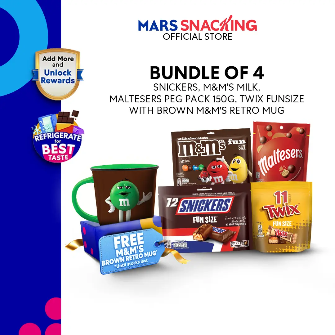 Snickers, M&M's Milk, Maltesers Peg Pack 150g, Twix Funsize [Bundle of 4] with Brown M&M's Retro Mug 