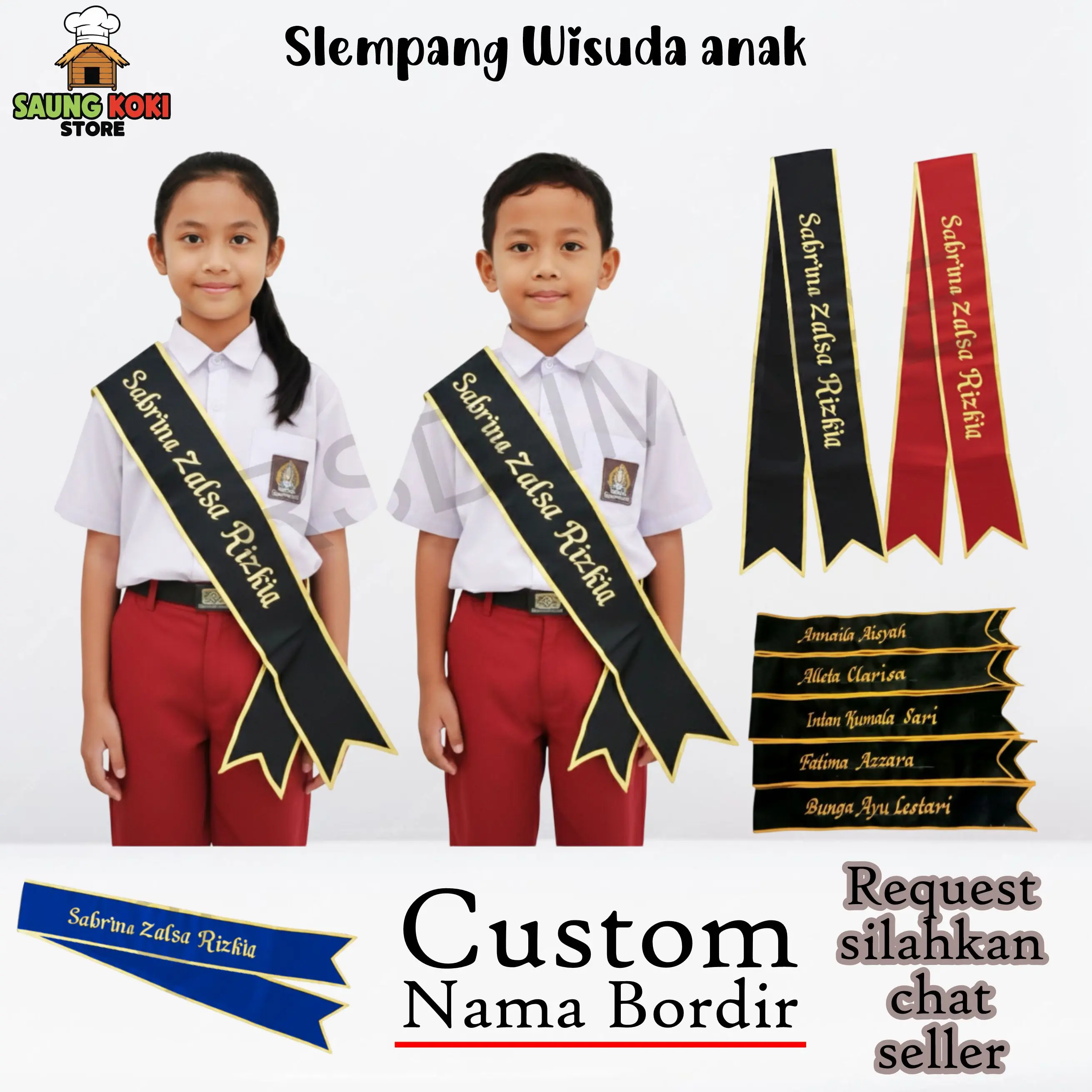 Selempang Wisuda PAUD/TK/SD - SMP - SMA (Bordir Custom) Desain Elegan, Bahan Ringan SAB poliester Bebas Nama
