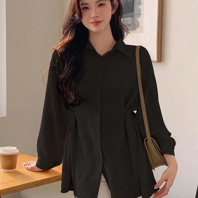 Kemeja Sakura Polos Atasan Wanita Oversize Bahan Crinkle Korean Style Terbaru kancing Panjang Baju Fit Tangan 1
