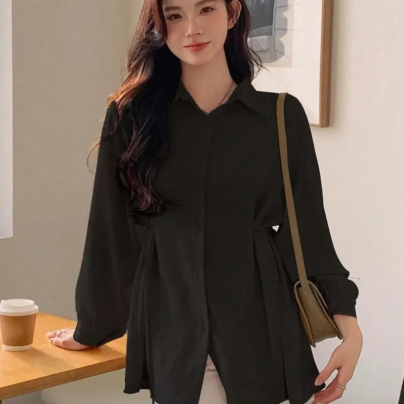Kemeja Sakura Polos Atasan Wanita Oversize Bahan Crinkle Korean Style Terbaru kancing Panjang Baju Fit Tangan 1
