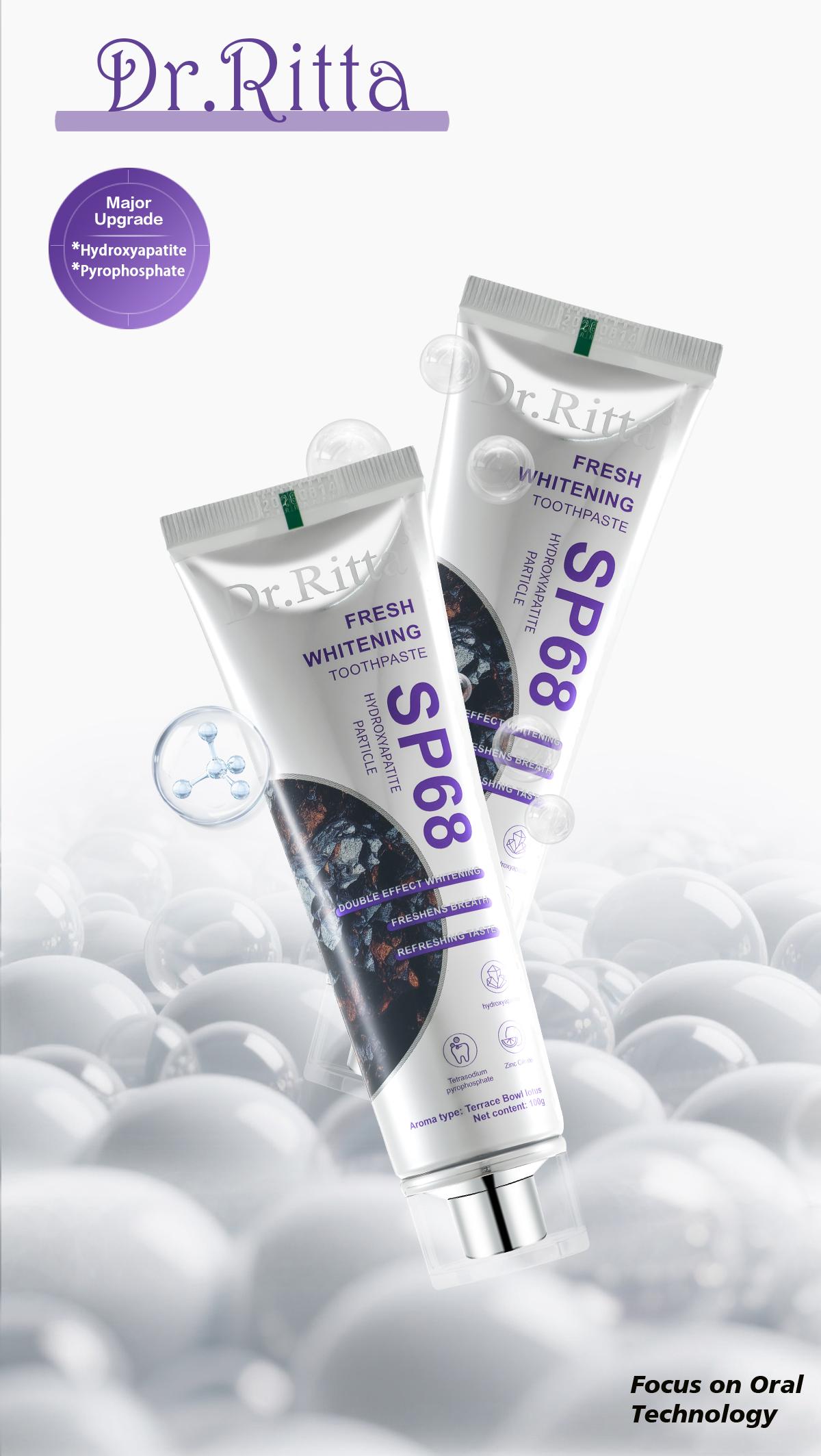 Dr.Ritta Pasta Gigi Pemutih SP68 100g, 20 Kali Lipat Gigi Putih, Bebas Noda Kuning, Napas Segar, Gigi Sensitif, Hidroksiapatit, Tetrasodium Pyrofosfat, Zink Sitrat