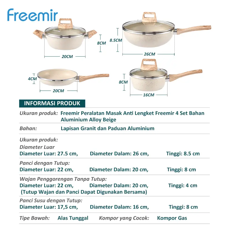 [SPECIAL LIVE]  freemir 4 Pcs Set Wajan Panci Anti Lengket Super Wok Pan Premium Beige Tutup Kaca Original Jumbo Besar Lengkap 1 Set Kitchenware 7