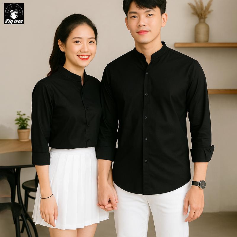 Aó Sơ Mi Nam Nữ  Fig Tree (Sét giá 1 áo )- Màu Đen Thiết Kế cổ Trụ Thời Trang, chất Cotton Thái Dày Dặn, Mịn Đẹp, Lên Dáng Thanh Lịch. Menswear