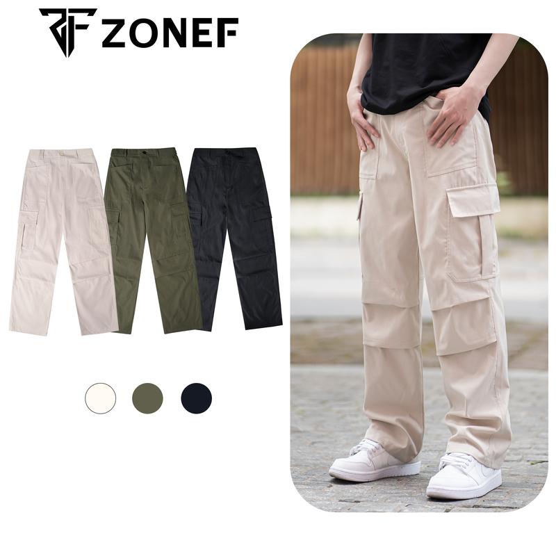 Quần ống suông kaki túi hộp Zonef, Cargo Pants kaki 2 da form rộng mềm mịn, thoáng mát Nam Menswear Màu Đen
