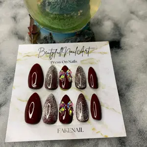 KUKU PALSU CAT EYE MAROON PITA FREE LEM KUKU PRESS ON NAIL MURAH MEWAH MAROON PITA Kutek Polish Art Hand
