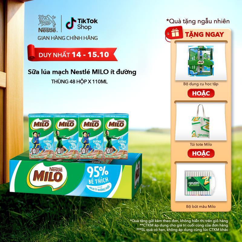 Nestlé VN Sữa lúa mạch Nestlé MILO Ít Đường thùng 48 hộp x 110ml-ST