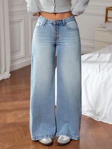 Mezclilla Vaqueros para Mujer Corte Recto Azul  Cintura Alta Elástica Lavado Claro Algodón Casual Primavera Otoño Unicolor outfit vaqueros mujer con pantalon vaqueras mujer outfit Jeans Casuales