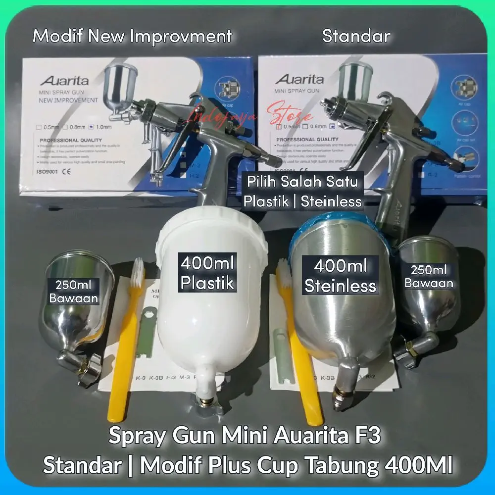 Spray Gun Auarita Mini F3 Modif New Improvent Dan Standar Plus Tabung | Cup Kapasitas 400ml Steinless | Plastik