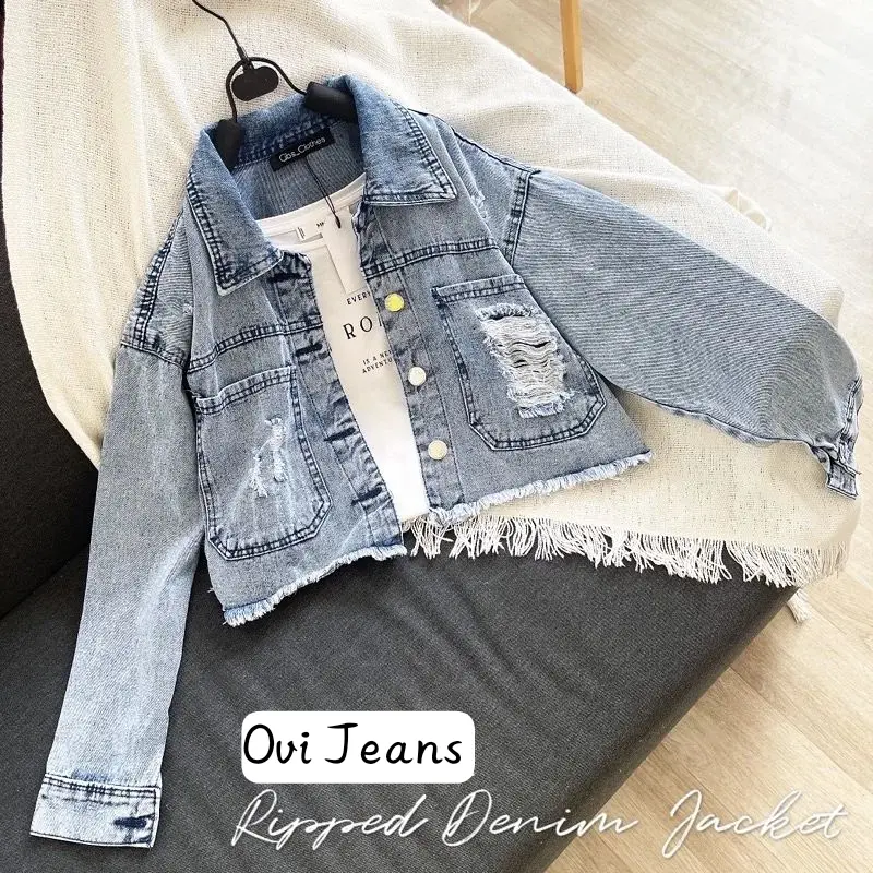 OOTD - Jaket Crop Jeans Wanita Saku Sobek - Premium Jeans Quality