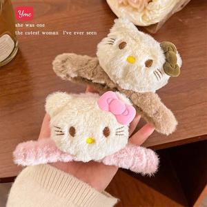 Kẹp Tóc Lông Nhung Hình Mèo Hello Kitty 2 Mặt Mềm Mại Xinh Xắn 13cm