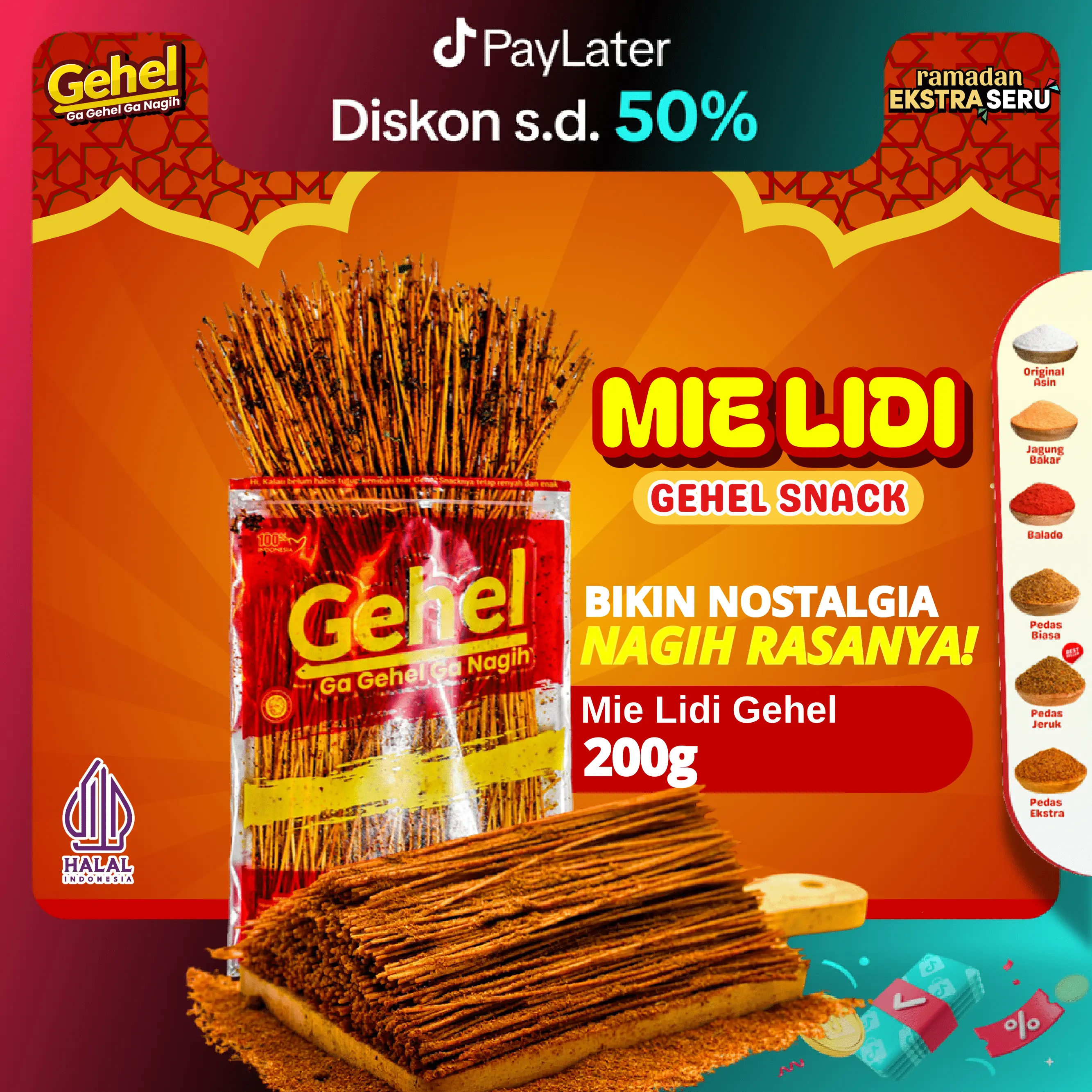 MIE LIDI GEHEL 200gr - Makanan Ringan,  Food Noodles Goreng Instan Pedas Cemilan