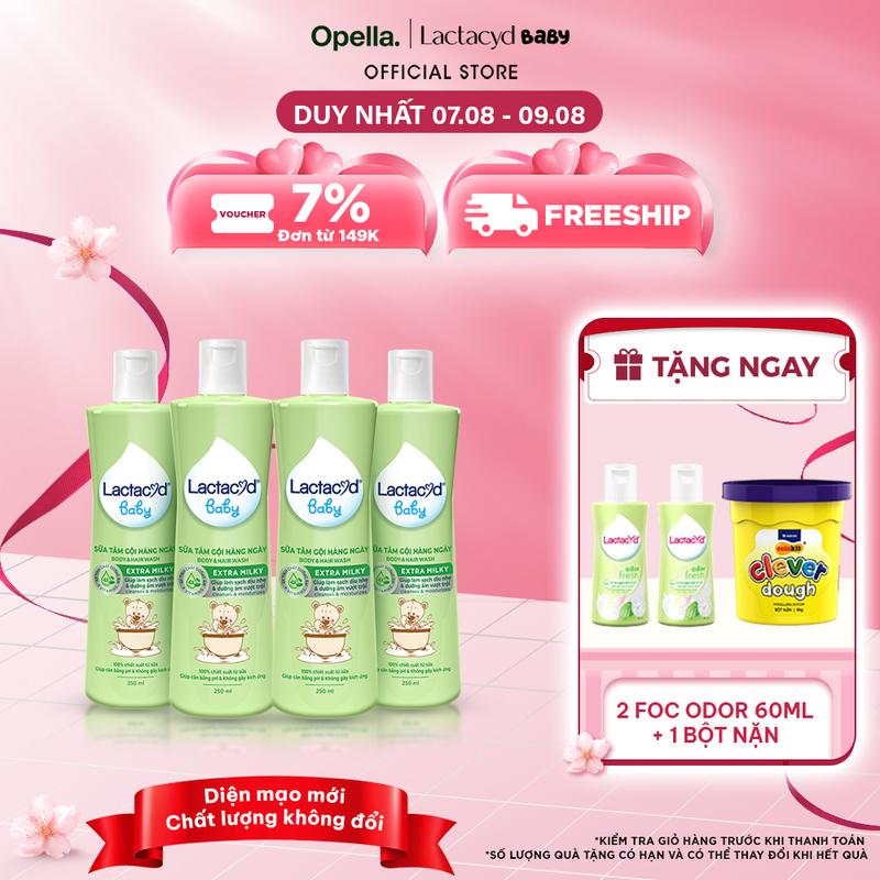Bộ 4 chai Sữa Tắm Gội Trẻ Em Lactacyd Baby Extra Milky Làm Sạch Dịu Nhẹ và Dưỡng Ẩm Vượt Trội 250ml/chai Cho Bé