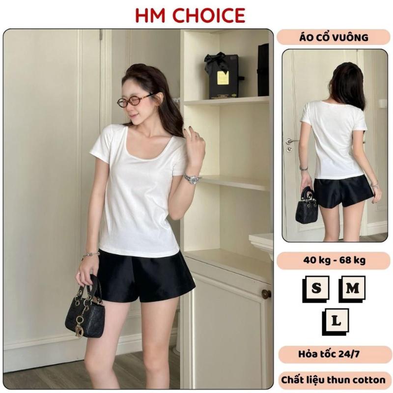 Áo thun nữ cổ vuông HM tay ngắn form vừa dáng trơn, áo thun nữ baby tee màu…