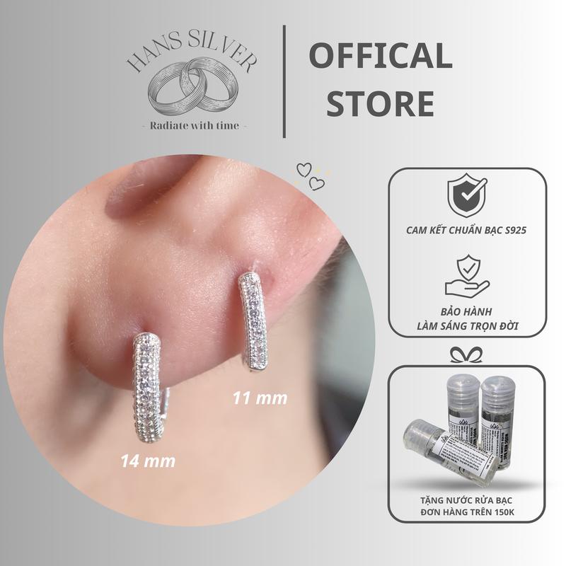 Khuyên tai bạc S925 nam nữ vòng bấm đính full đá Hans Silver KTHA120120
