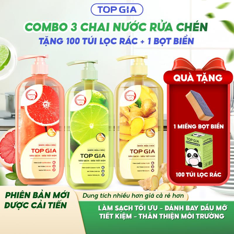   COMBO 3 CHAI TẶNG QUÀ KHỦNG  COMBO Mua Sản Phẩm Chai Nước Rửa Chén TOPGIA 3kg TẶNG 100 Túi Bọc Rác + 1 Miếng Bọt Biển Rửa Bát Mùi Chanh Bưởi Và Gừng Làm Sạch Dầu Mỡ Và Vết Bẩn An Toàn Cho Da Không Làm Khô Tay  RC  