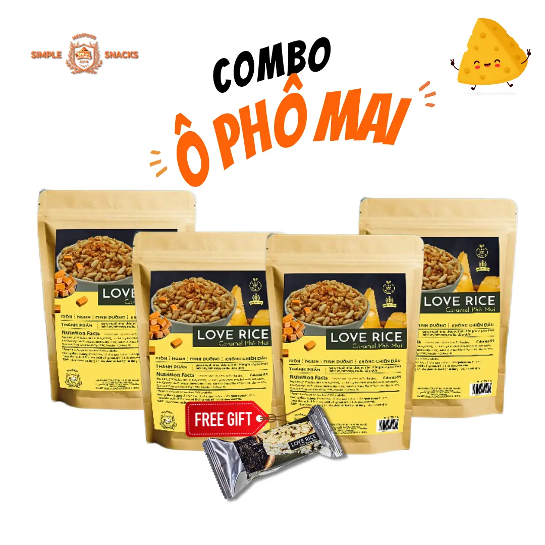 Combo Ô Phô Mai (4 túi Love Rice Caramel phô mai) | Snacks giòn tan, siêu cuốn | Không chiên dầu | Tặng Thanh Love Rice Rong Biển