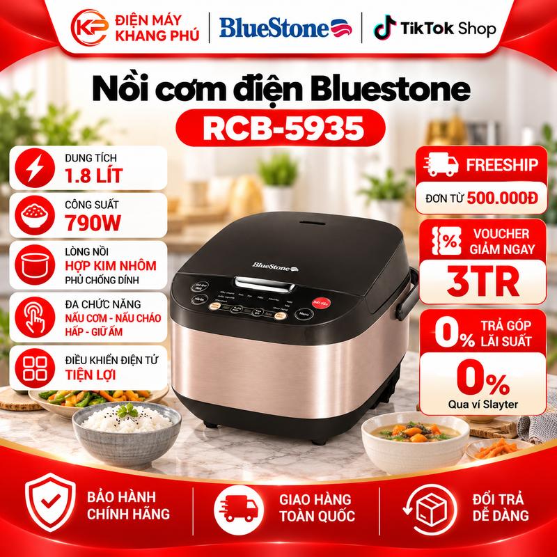 Nồi cơm điện tử BlueStone RCB-5935 750W 1,5L - Công Suất Mạnh Mẽ, Lòng Nồi Hợp Kim Nhôm Chống Dính 8 Chế Độ Nấu Tự Động, Màn Hình LED Hiện Đại xịn nấu ăn nhanh comdien
