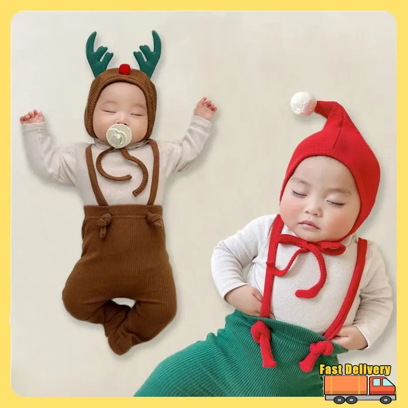2025 New Arrivals Korean Style Infant Baby Boys Girls Clothes Suspender Pants Rudolph Hat 2pcs Sets Toddler Newborn Overalls Red Green Outfits
