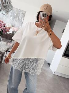 Top de mujer con ribete de encaje, tejido de punto suelto con cuello redondo, camisa casual cómoda de manga corta, camiseta versátil de largo mediano