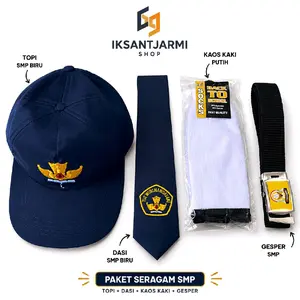 IKSANTJARSHOP Paket Lengkap 4in1 Topi Dasi Sabuk Kaos Kaki Bordir untuk Siswa SMP Laki-Laki Perempuan Fashion Serasi Menarik dengan Bordir Rapi