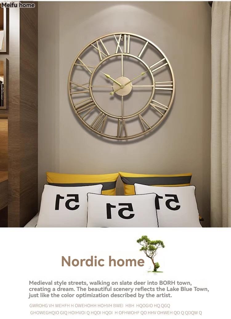 Product Introduction of Home vintage living room Wrought iron wall clock Nordic decorative clock round Roman silent clock 13